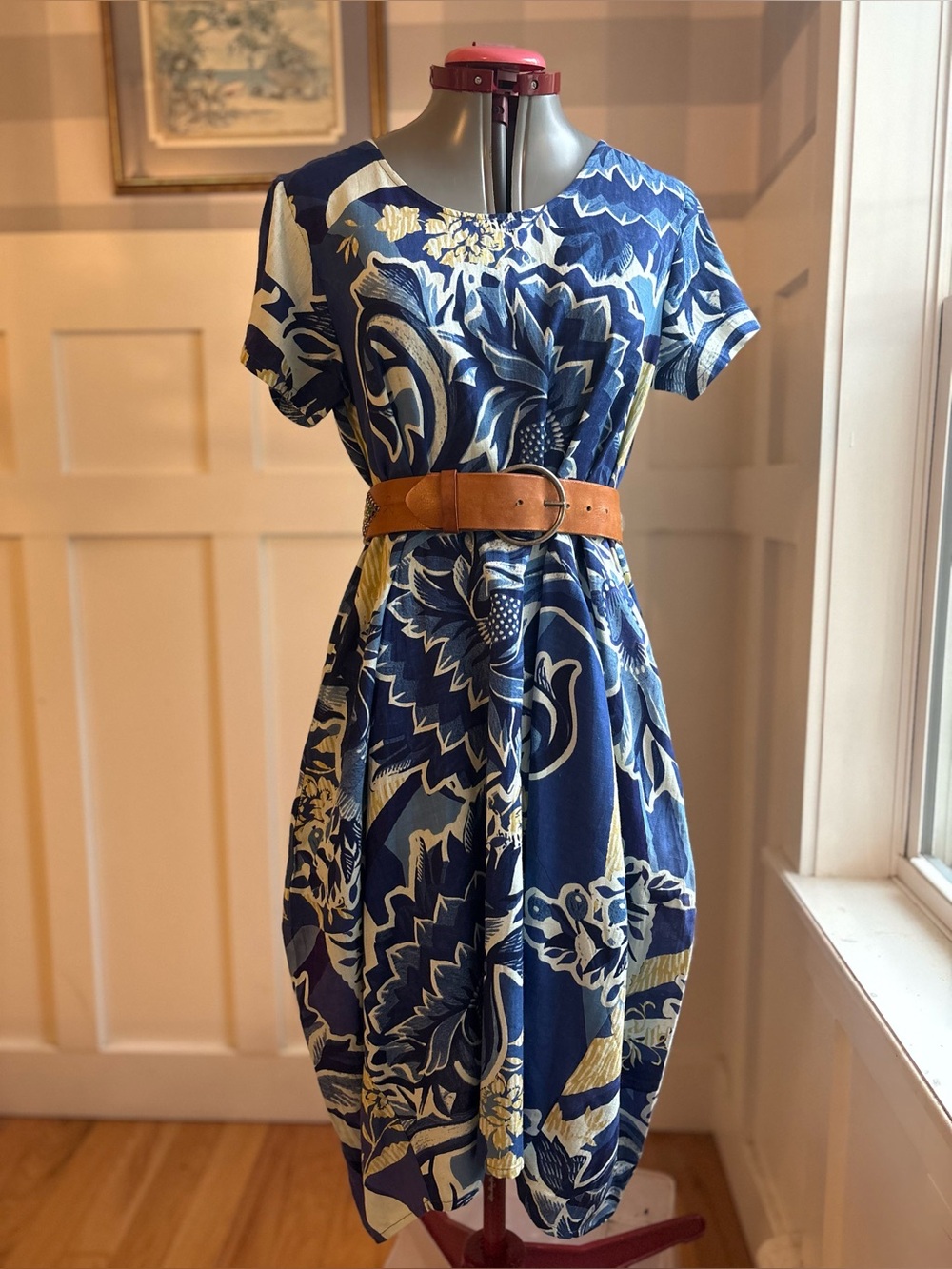 Navy Floral Print Midi Dress with Belted Waist